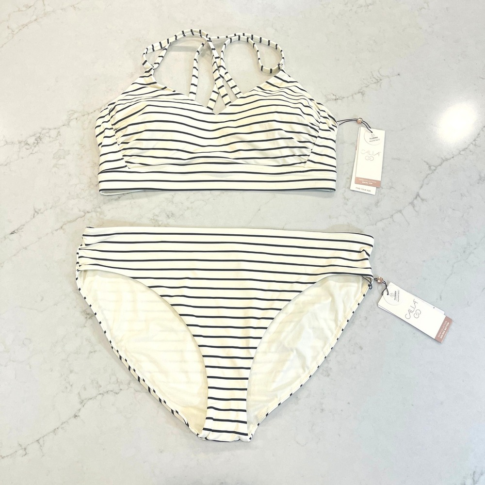 CALIA NEW Strappy Bikini Set Womens XL Coastal Ivory Striped Mid Rise High Leg